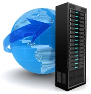 a blue globe connects with a black server box