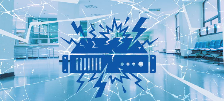 graphic of a server crashing to illustrate cybersecurity protection for patient data and keep systems running.